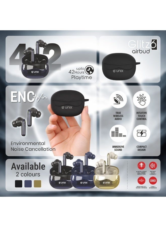 Unix Glitz6 Wireless Earbuds | Bluetooth v5.4 Connectivity | TWS with ENC Noise Cancellation for Clear Calling | 42Hrs Playtime with Deep Bass | Touch Control & Type-C Charging | Free Silicon Cover - Image 4